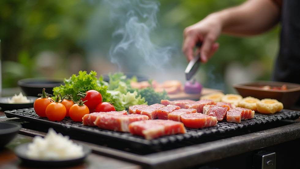 Eye-level view of a hibachi grill set up outdoors with fresh vegetables and meats ready to cook