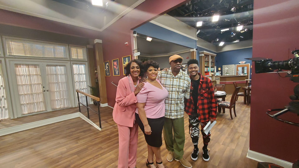 An image of Alretha Thomas, Tamala Mann, J. Anthony Brown & Alex Henderson on the set of Tyler Perry's "Assisted Living"