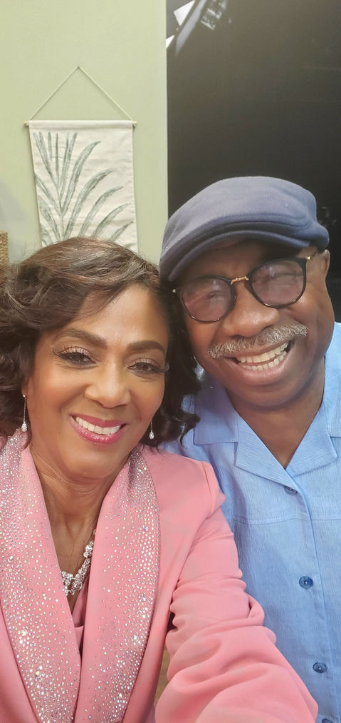 An image of Alretha Thomas and J. Anthony Brown on the set of Tyler Perry's "Assisted Living"