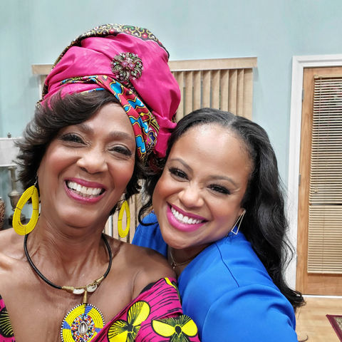 An image of actresses Alretha Thomas & Courtney Nichole on the set of Tyler Perry's "Assisted Living"