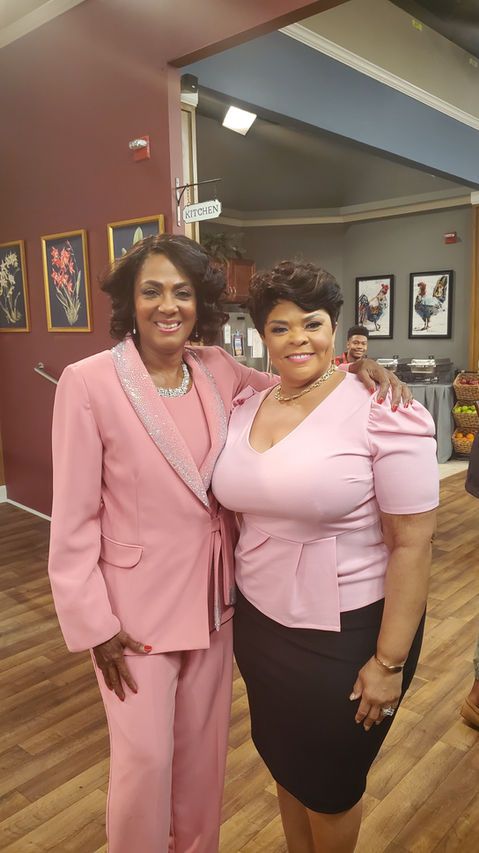 An image of Alretha Thomas and Tamala Mann on the set of Tyler Perry's "Assisted Living"