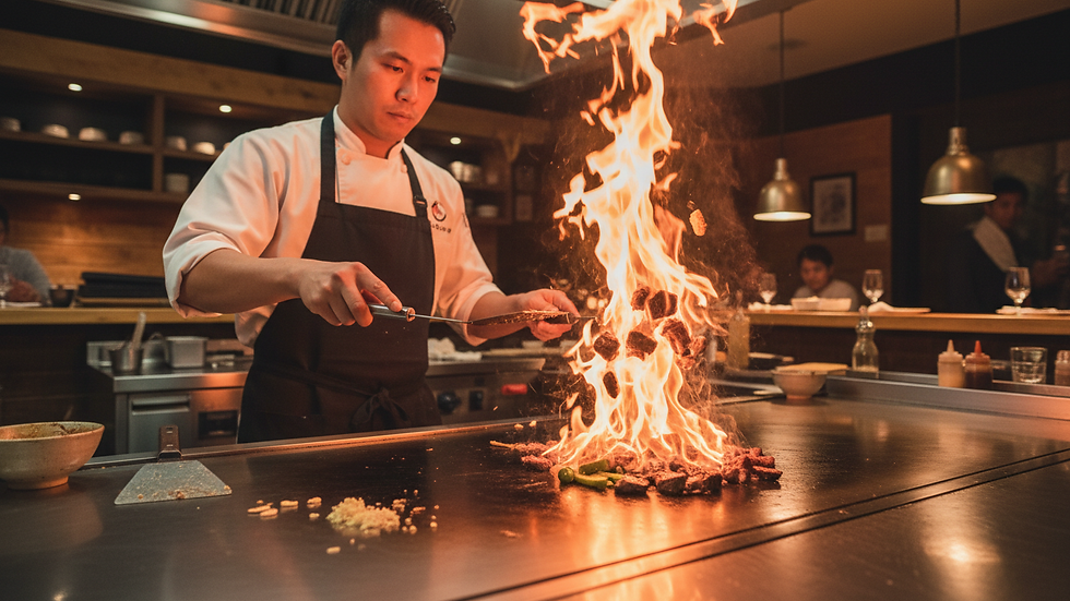 Close-up view of a hibachi chef preparing food on a flat grill