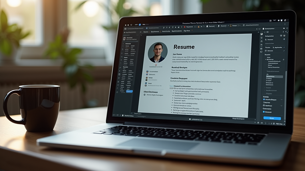 High angle view of a laptop screen displaying a resume editing software