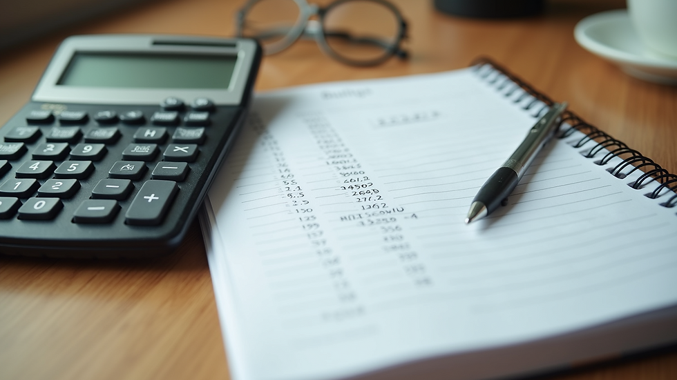 High angle view of a calculator and a notepad with budget notes