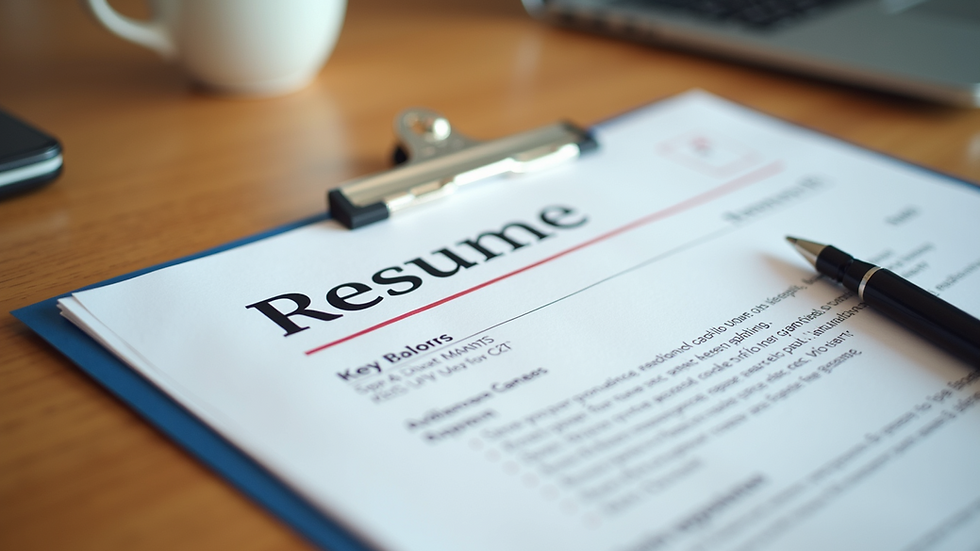 Eye-level view of a neatly formatted resume on a wooden desk