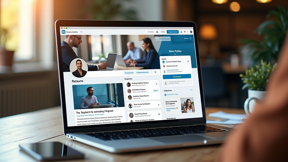 High angle view of a laptop screen displaying a professional LinkedIn profile