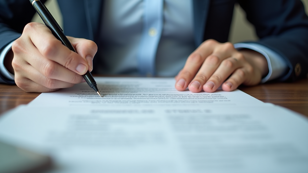 Close-up of a person reviewing a printed resume with a pen