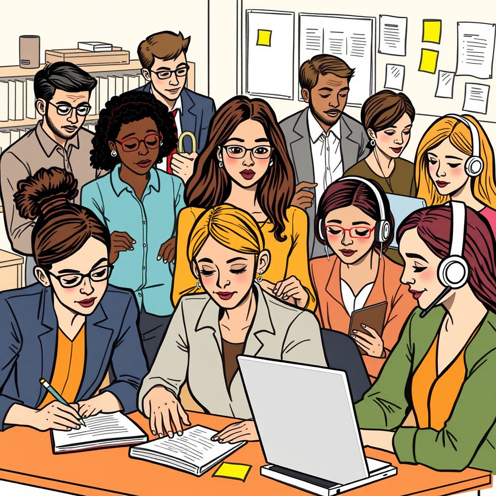 Illustration of a diverse group of adults in an office and classroom environment, collaborating with laptops, notebooks, and headphones, representing ADHD accommodations at work and in education.