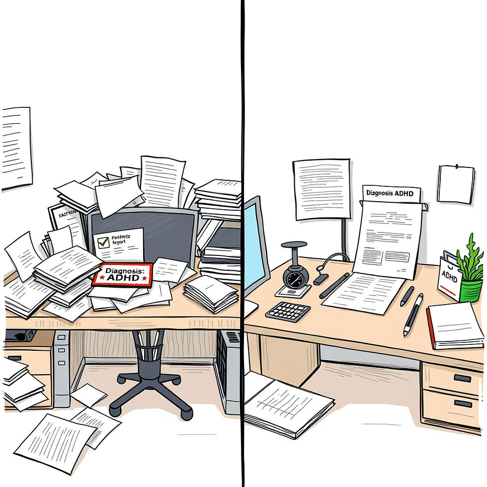 Split-screen illustration showing two desks: one chaotic and cluttered with generic ADHD paperwork, the other organized with structured reports, testing tools, and a professional setup—highlighting the contrast between low- and high-quality psychological evaluations.