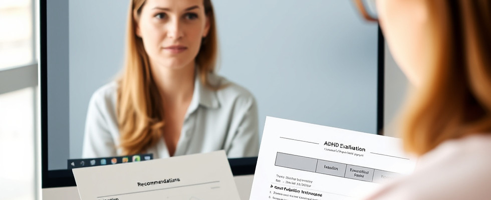 an adult female in their 30s or 40s having a structured ADHD evaluation via telehealth. Th