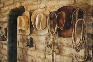 Fine Art photograph of hats and ropes hanging on a wall,  Texas, travel, photo, Stillwell Ranch,