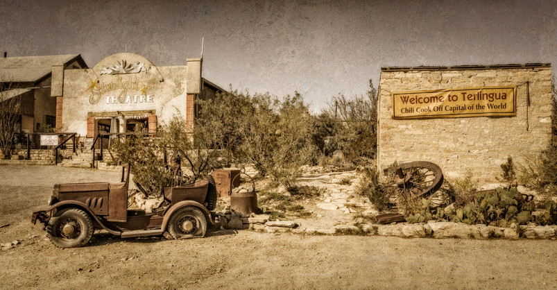 Fine art panorama photograph of an old truck and buildings in Terlingua, near Big Bend National Park,  Texas, travel, photo, photography