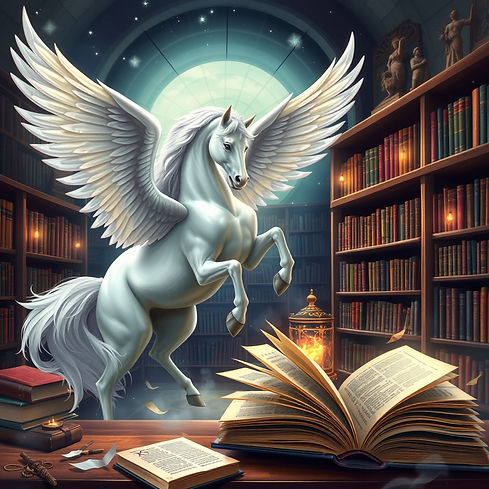fantasy world with pegasus magical library reading abooks.jpg