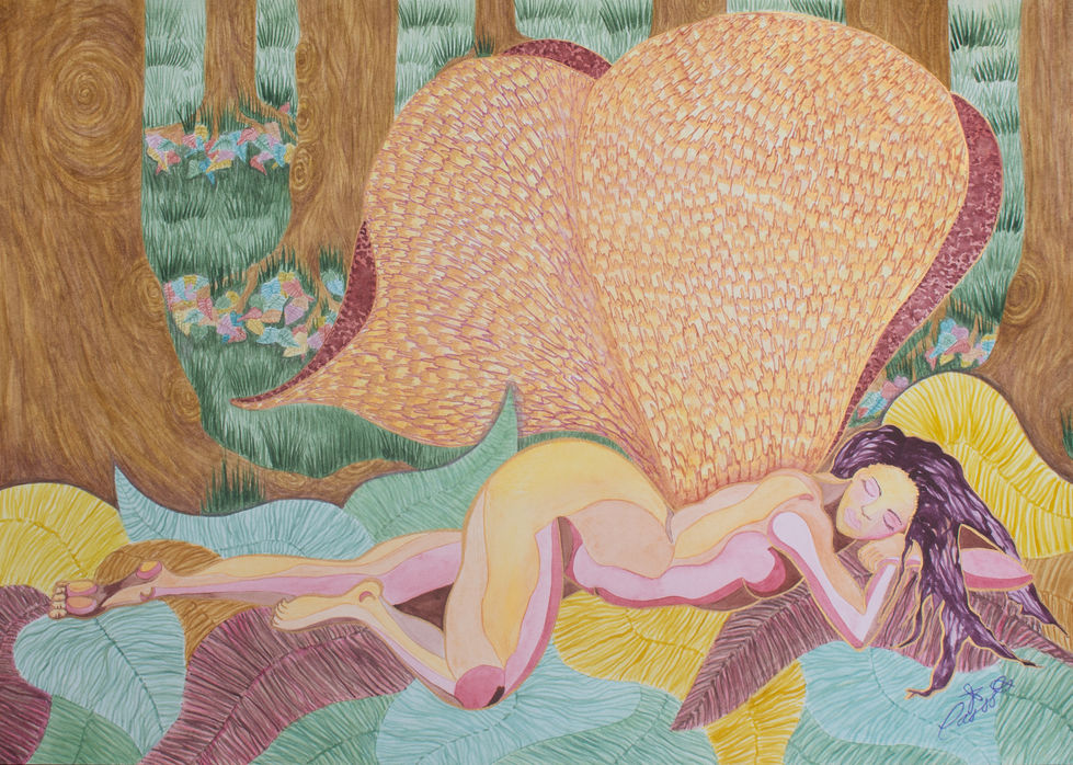 A beautiful voluptuous Fae rests after a busy morning of flight with her gorgeous golden wings. Now nestled safely on the forest floor, the rustling fallen leaves form her soft cosy bed.
Carissa Buckley Arts; faery art, fairy, magical art, fantasy art, australian artist