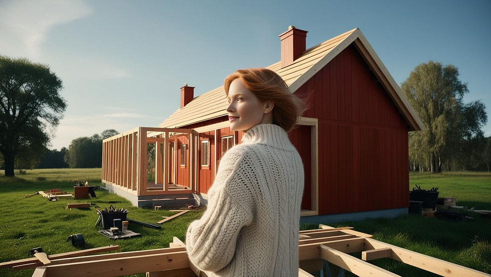A woman calmly watches the construction of a traditional Swedish red house (Falu röd). The