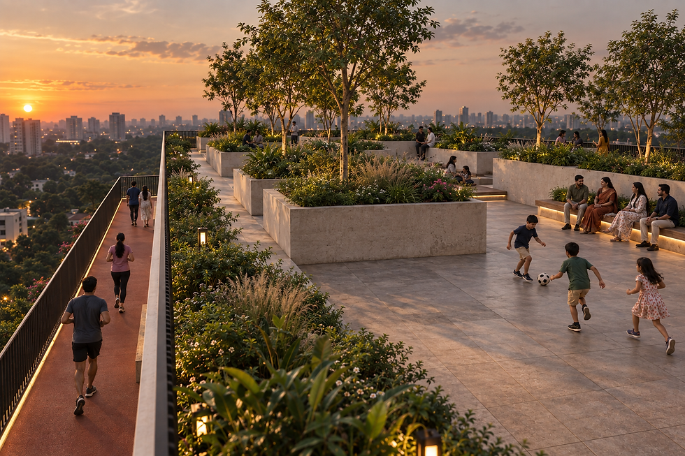 Rooftop terrace garden with a walking loop, planting and children playing at sunset