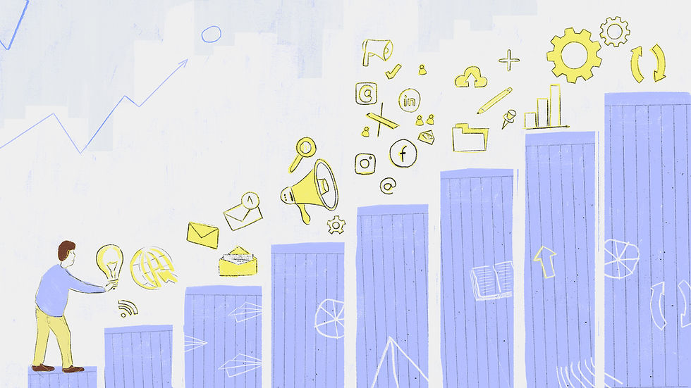 Illustration of a person facing 8 steps with digital marketing-related icons