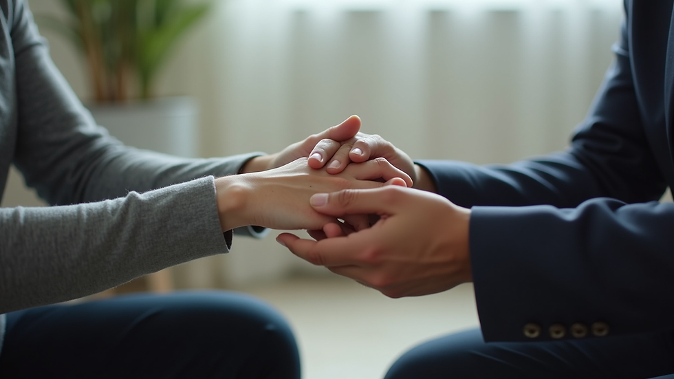 Close-up view of a therapist’s hand gently holding a client’s hand during a counseling session