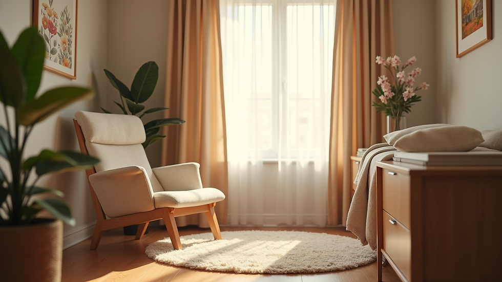 Eye-level view of a cozy therapy room with a comfortable chair and soft lighting