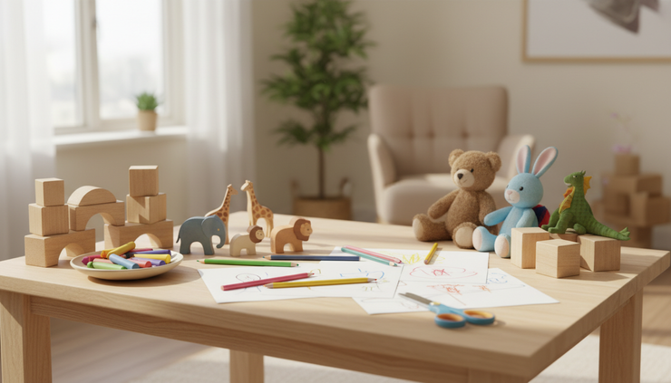 Eye-level view of toys and colorful drawings arranged on a therapy room table.