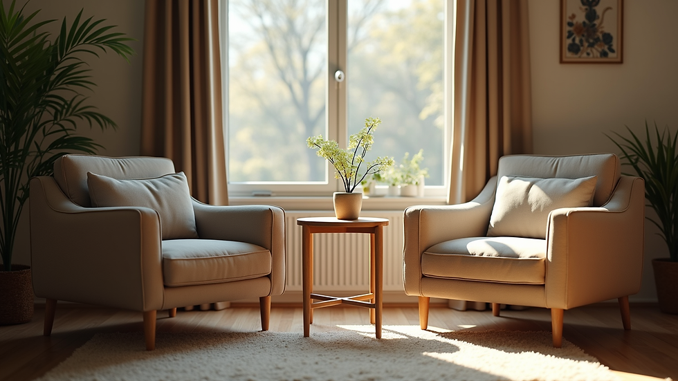 Close-up view of a cozy living room with two chairs and a small table