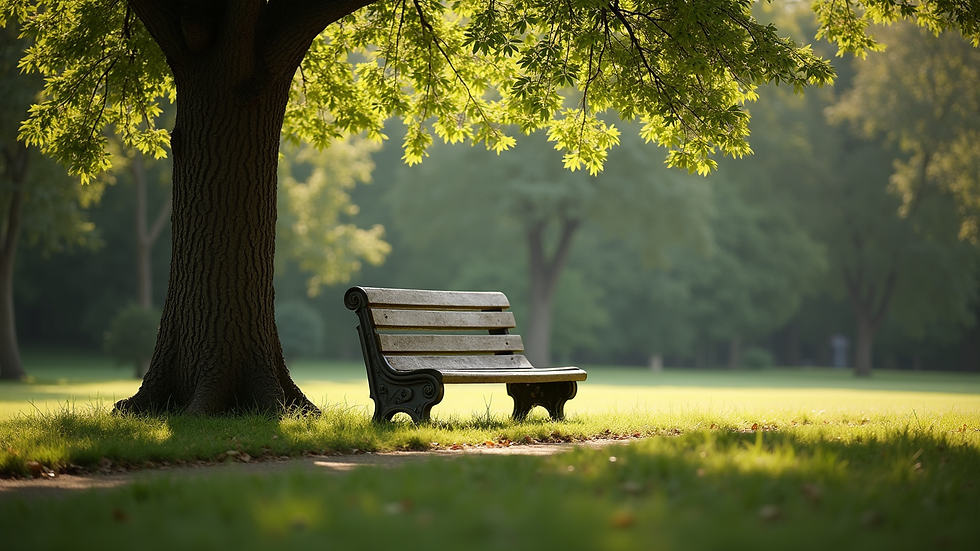 High angle view of a peaceful park bench under a tree