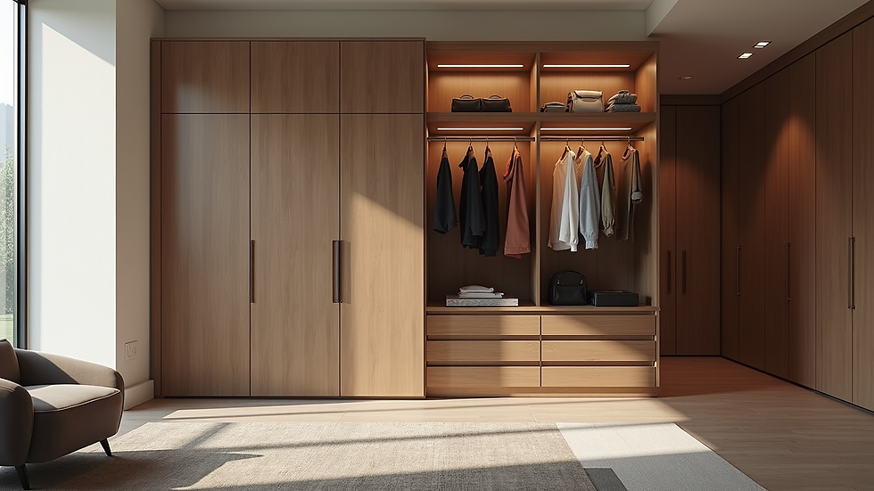 Vue latérale d'un dressing modulable avec éclairage LED intégré et rangements organisés