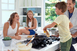 Happy caucasian family standing around s