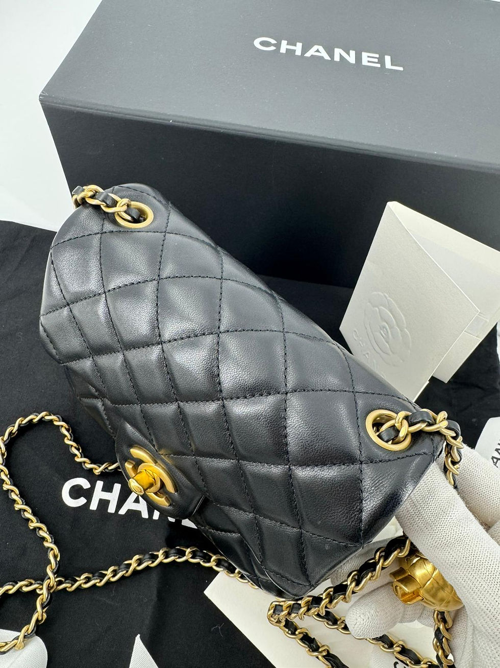 Thumbnail: Chanel 2021 Lambskin Quilted Black Gold Ball Mini 17 Flap Bag