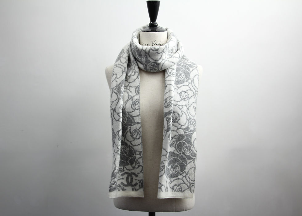 Thumbnail: Chanel 23K Cotton Knitted Grey-white Camellia Scarf 