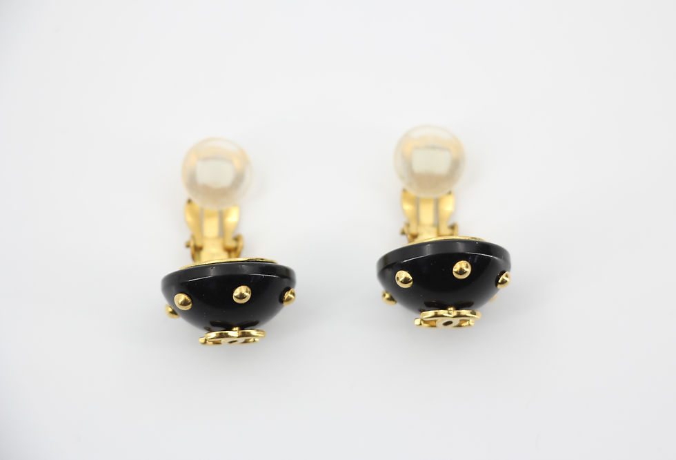 Thumbnail: Chanel Vintage 96C Resin Black and Gold Polka Dot Clip-on Earrings