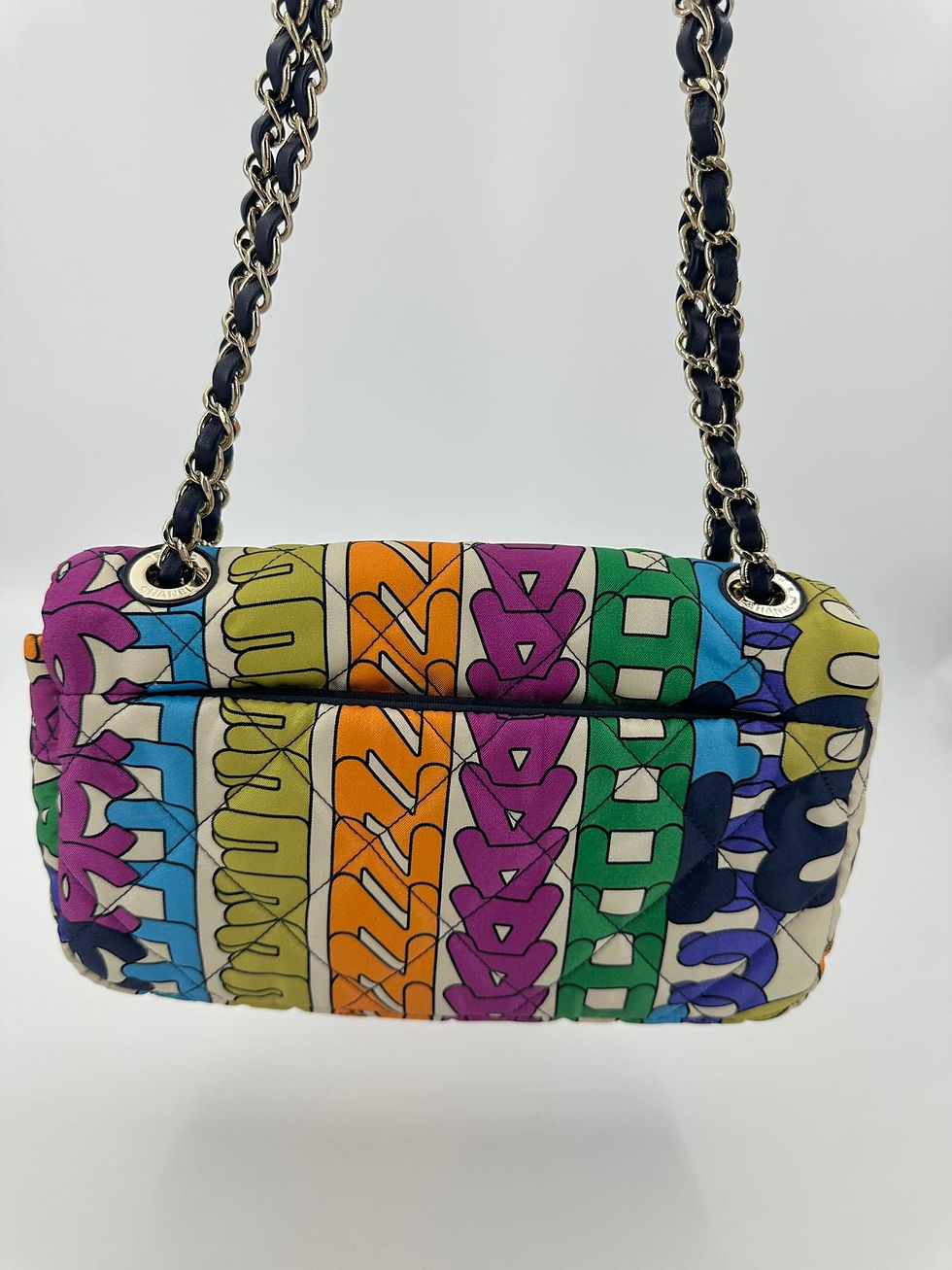Thumbnail: Chanel 21K Nylon Fabric Quilted Multicolor Rainbow Printed Logo Single Flap Bag 