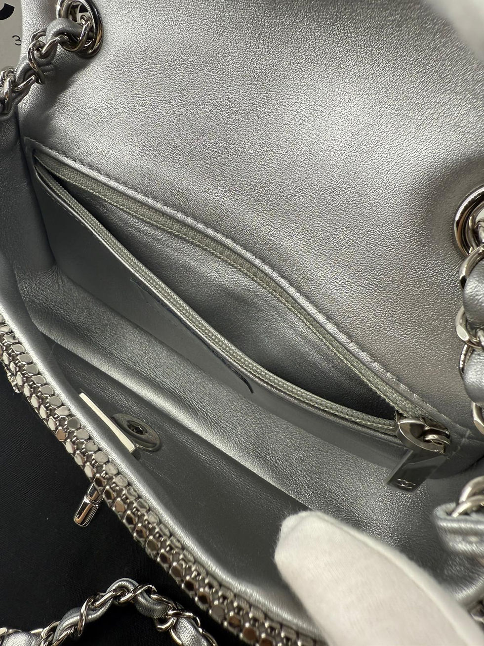 Thumbnail: Chanel 2022 Rhinestone Strass & Metal Mini Flap Bag with Silver Tone Hardware 