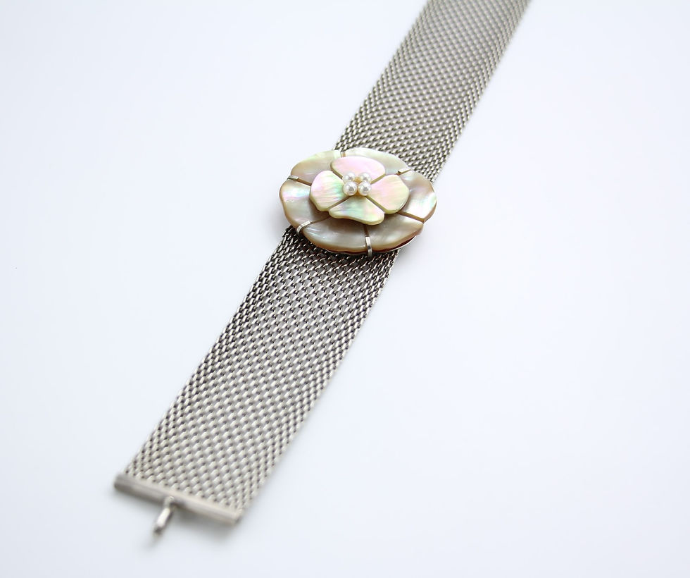 Thumbnail: Chanel vintage 98A mother of pearl camellia mesh choker 