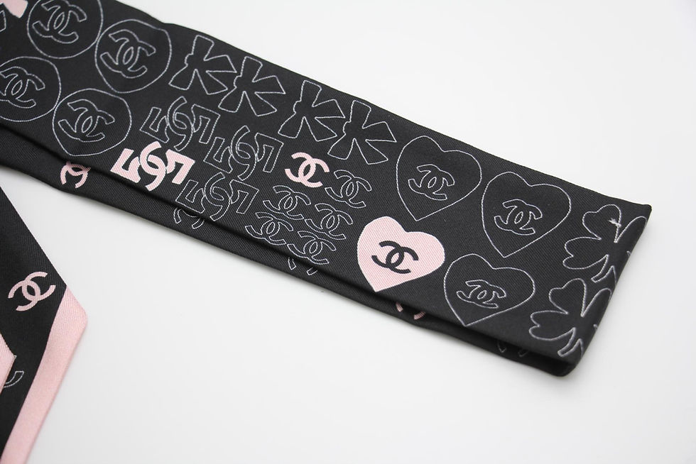 Thumbnail: CHANEL 100% Silk Twilly CC Logo & Four Leaf Clover Scarf in Black x Pink