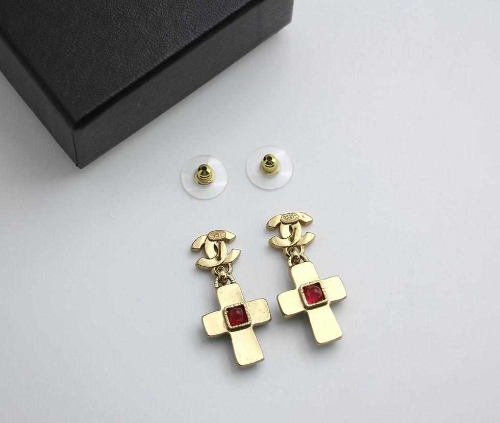 Thumbnail: Chanel Vintage 02P Gripoix Green and Red Gilt Crucifix Stud Earrings