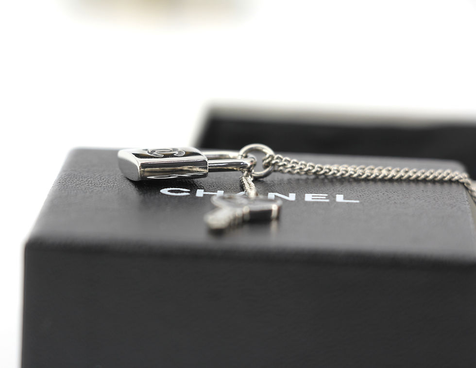 Thumbnail: Chanel Vintage 07P Metal CC Logo Silver & Black -Tone Padlock and Key Necklace