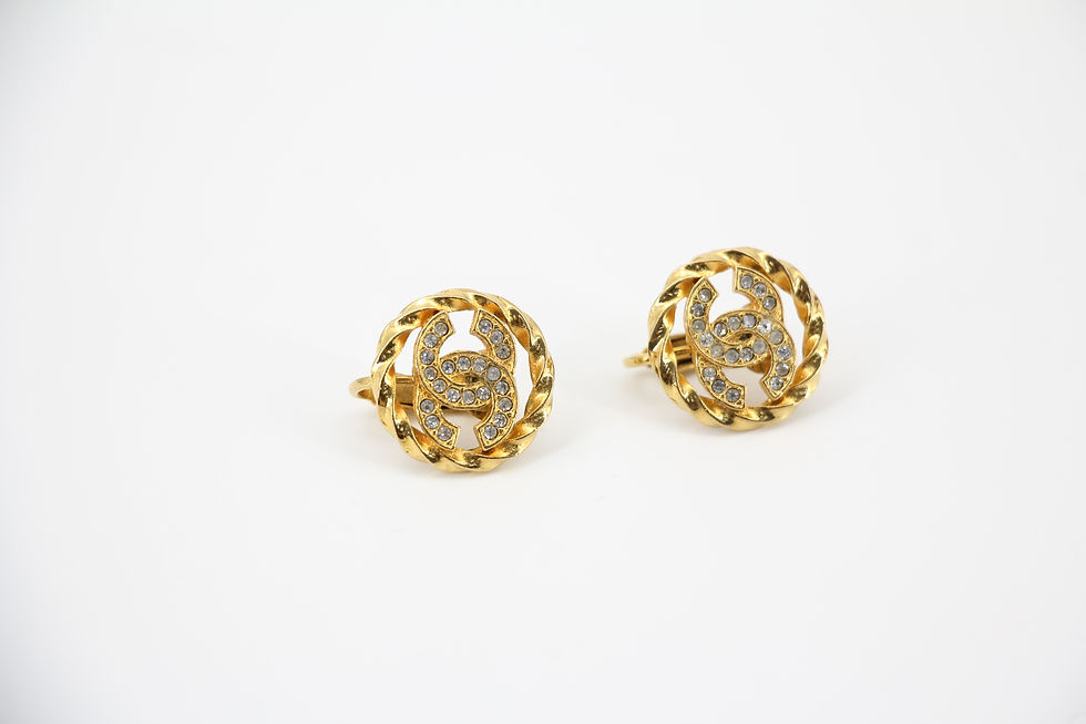 Thumbnail: Chanel Vintage 71-80 Gold-Plated Rhinestone Floral Hoop Clip-on Earrings 