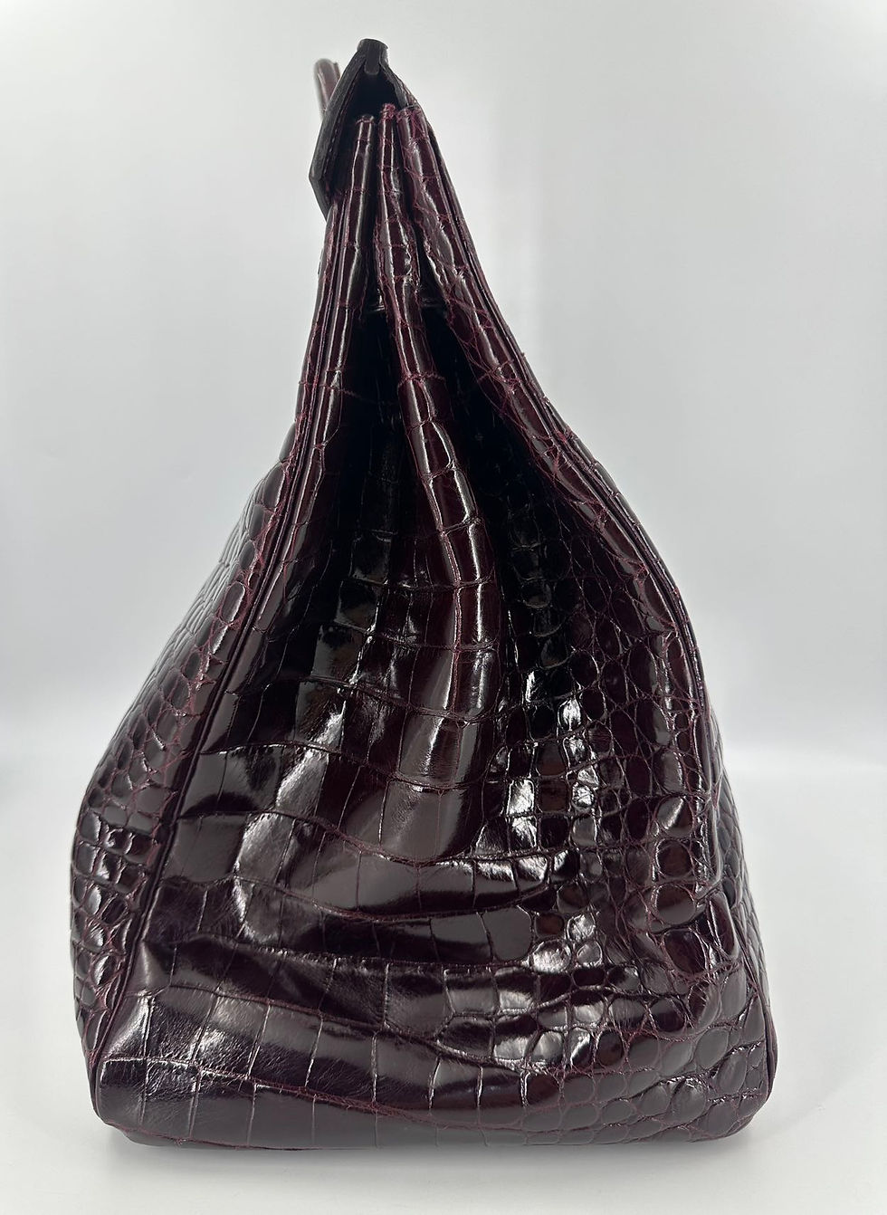 Thumbnail: Hermes HAC 50 Shiny Porosus Crocodile Bordeaux Handbag with PHW A Stamp