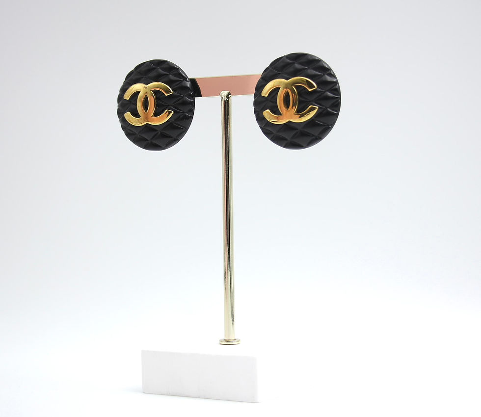 Thumbnail: Chanel Vintage 91年樹脂菱形狀亮黑金色大耳環