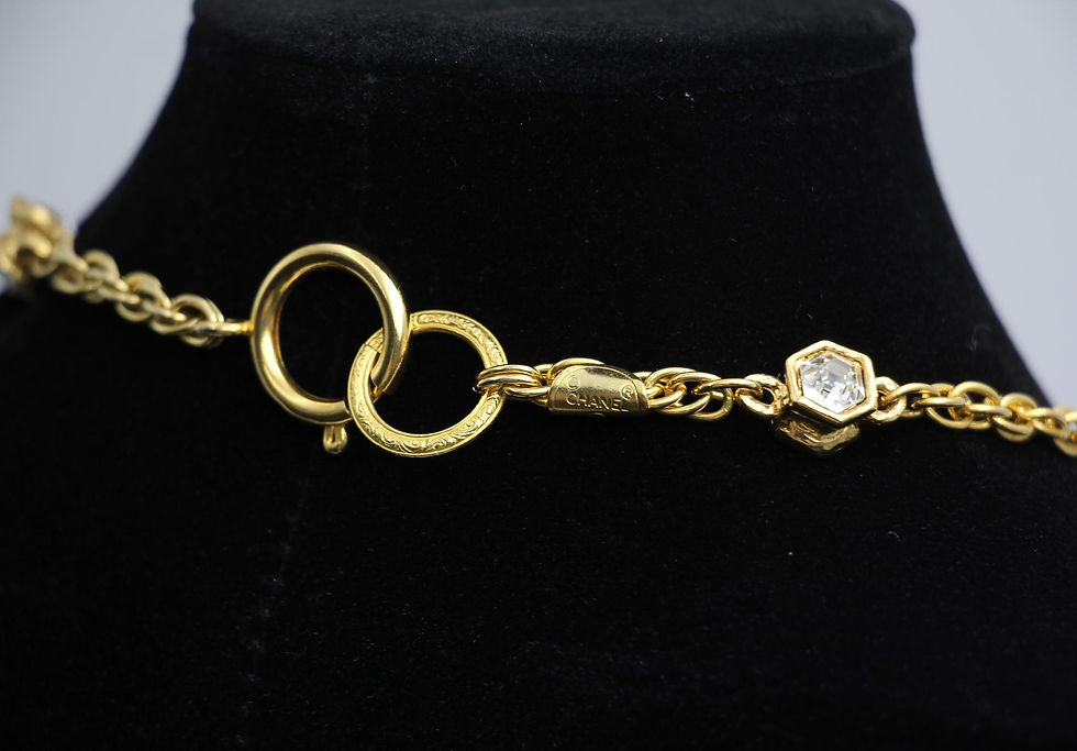 Thumbnail: Chanel Vintage 71-80 Rhinestone & Gold Plated Double-Sided CC Long Necklace