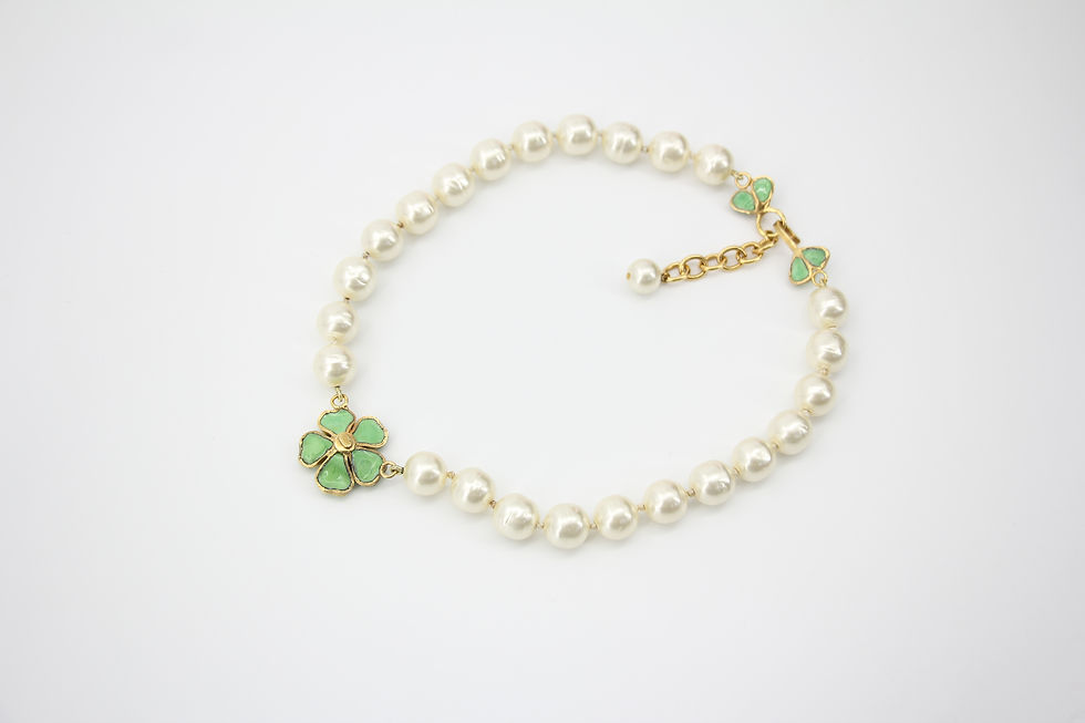 Thumbnail: Chanel Vintage 97P Gripoix & Imitation Pearls Green Camellias Necklace 
