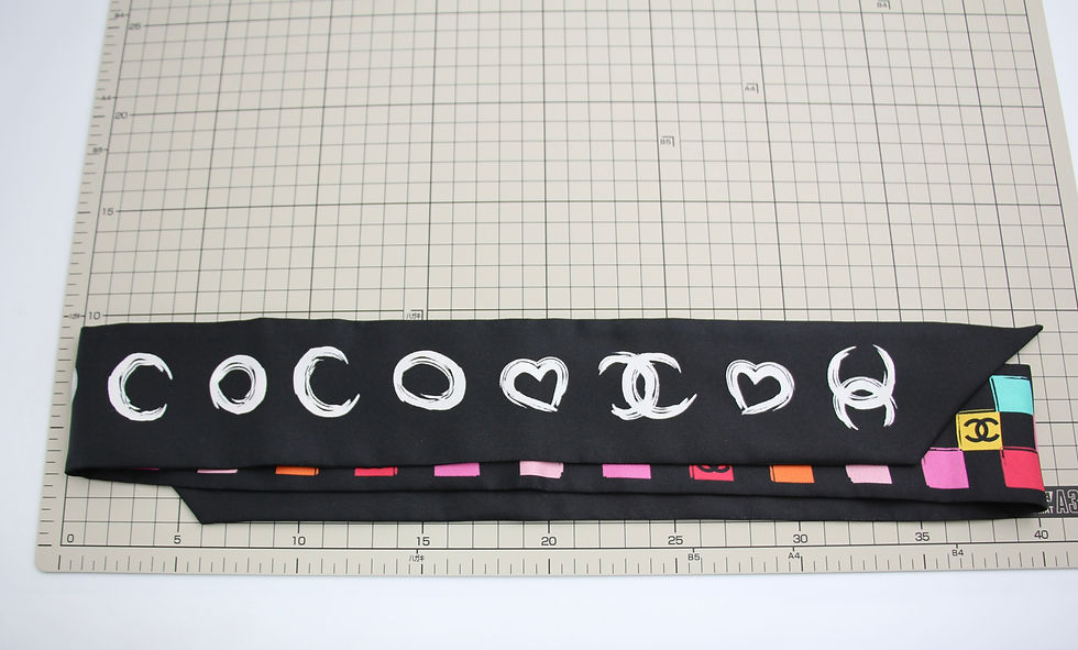 Thumbnail: CHANEL 100% Silk Twilly Checkered Pattern CC Logo Scarf in Black and Multicolour