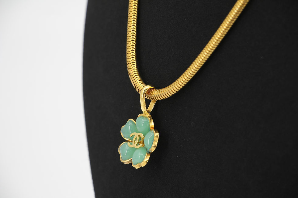 Thumbnail: Chanel Vintage 97P Gripoix Pastel Green Camellias Pendant Necklace 