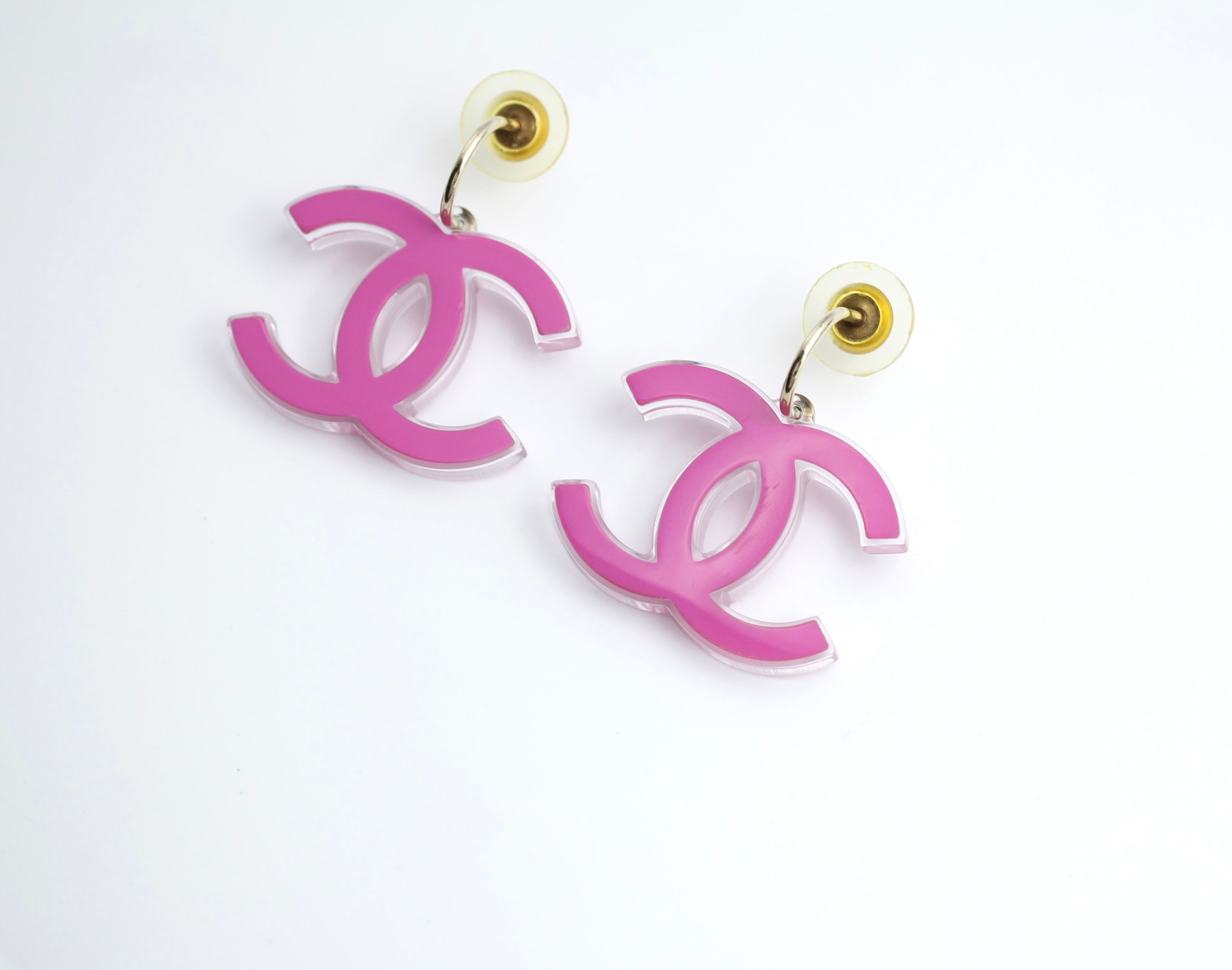 Chanel Vintage 07P Resin Pink and Clear Large CC Drop Earrings