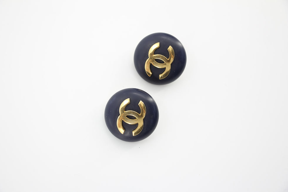 Thumbnail: Chanel Vintage 87 Resin Navy Blue CC Logo Large Round Clip-on Earrings