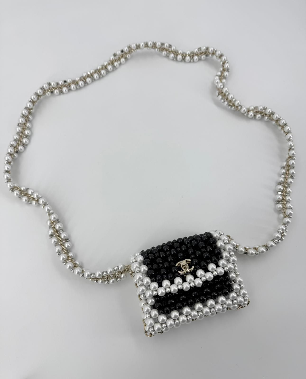 Chanel 22S Imitation Pearl Beaded Black & White Mini Rectangular Flap Bag  