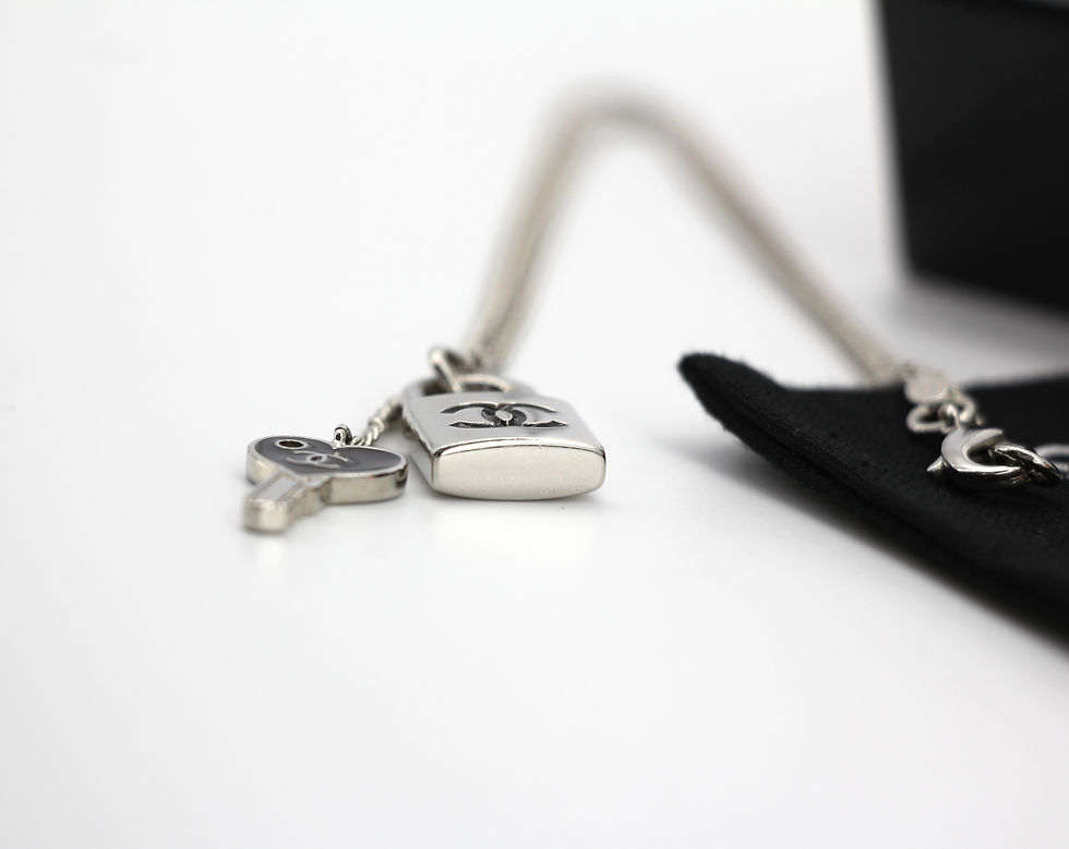 Thumbnail: Chanel Vintage 07P Metal CC Logo Silver & Black -Tone Padlock and Key Necklace