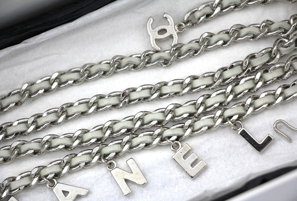 Thumbnail: Chanel Vintage 09C Leather-threaded Metal Olive Green and Silver Waist Chain L91