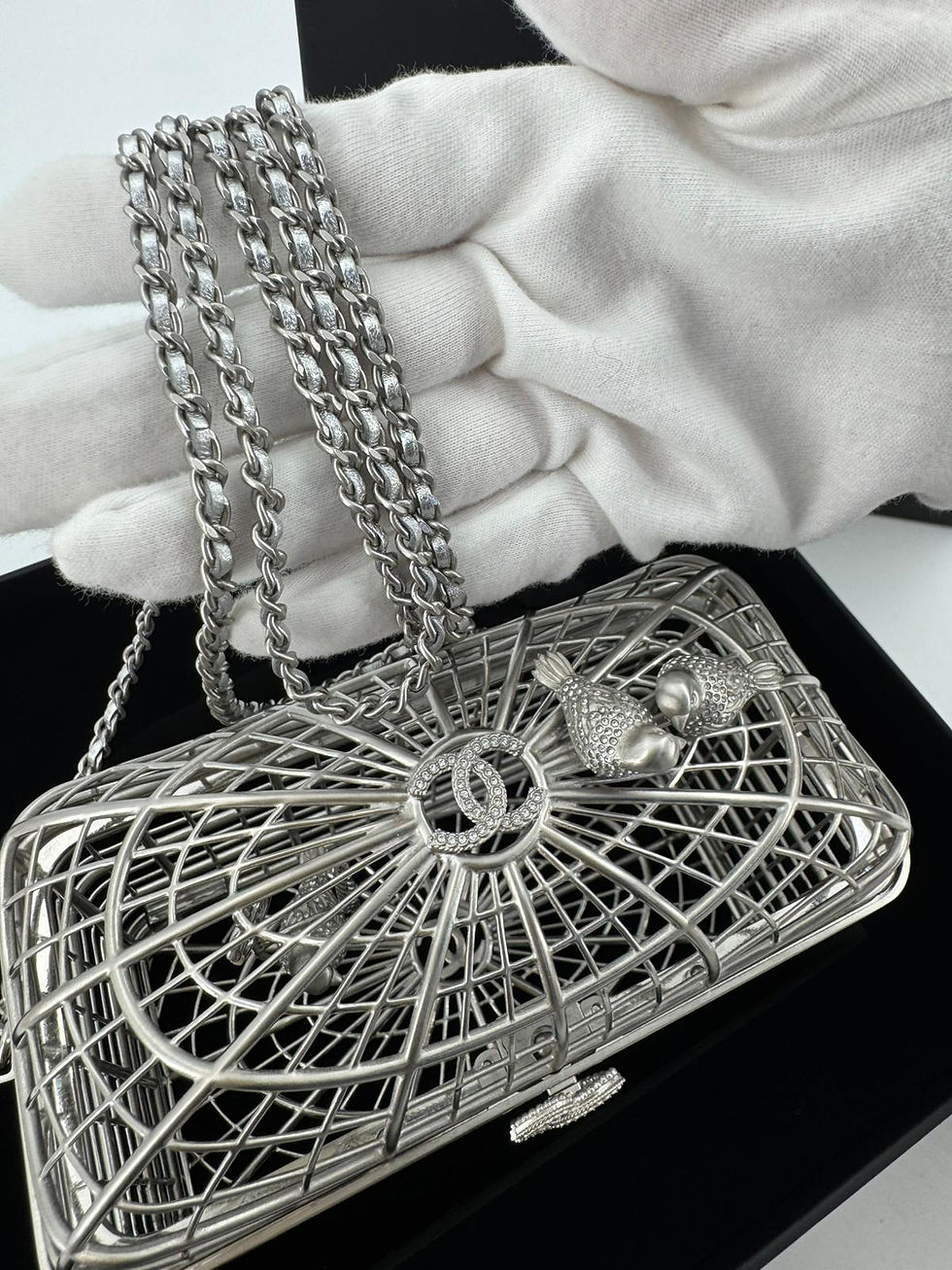 Thumbnail: Chanel 2025 Rhinestone and Metal Embellishments Sliver Birdcage Minaudière Bag